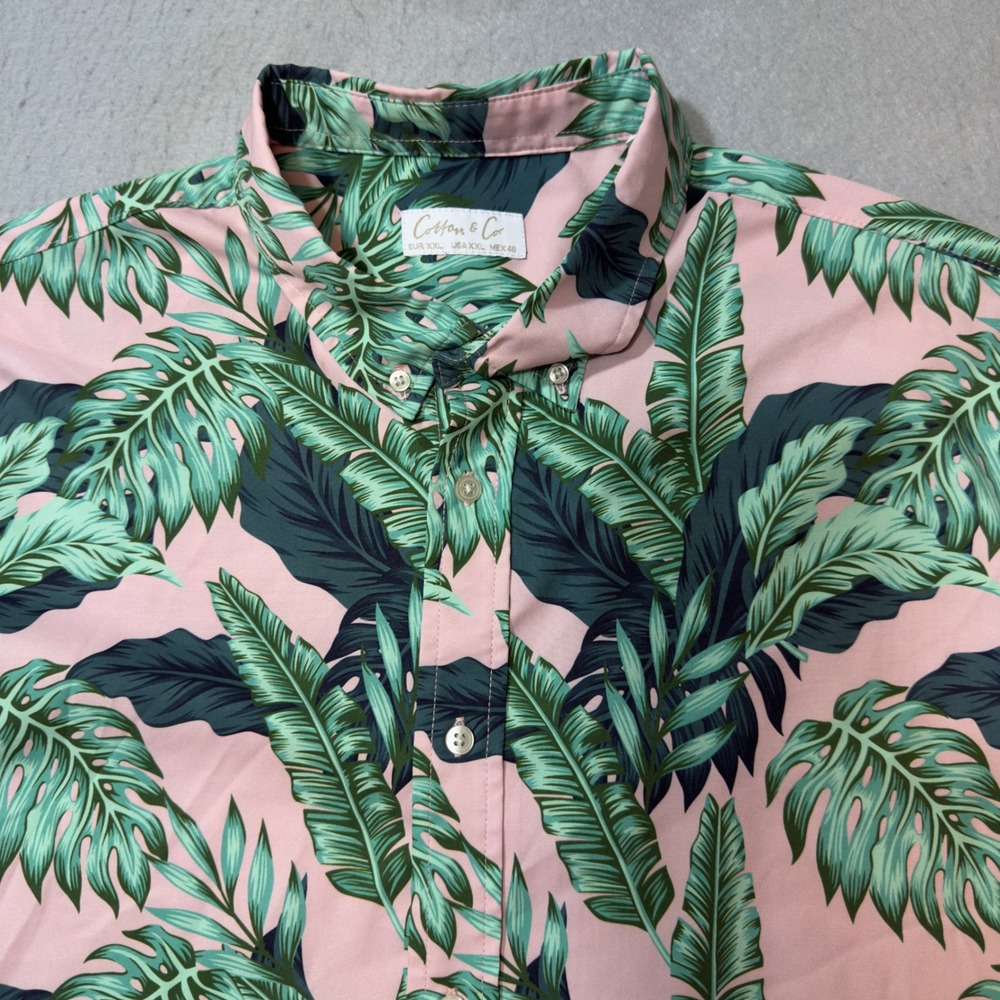 Cotton & Co Button Down Mens XXL‎ Pink Tropical Palm Leaf Excellent Short Sleeve